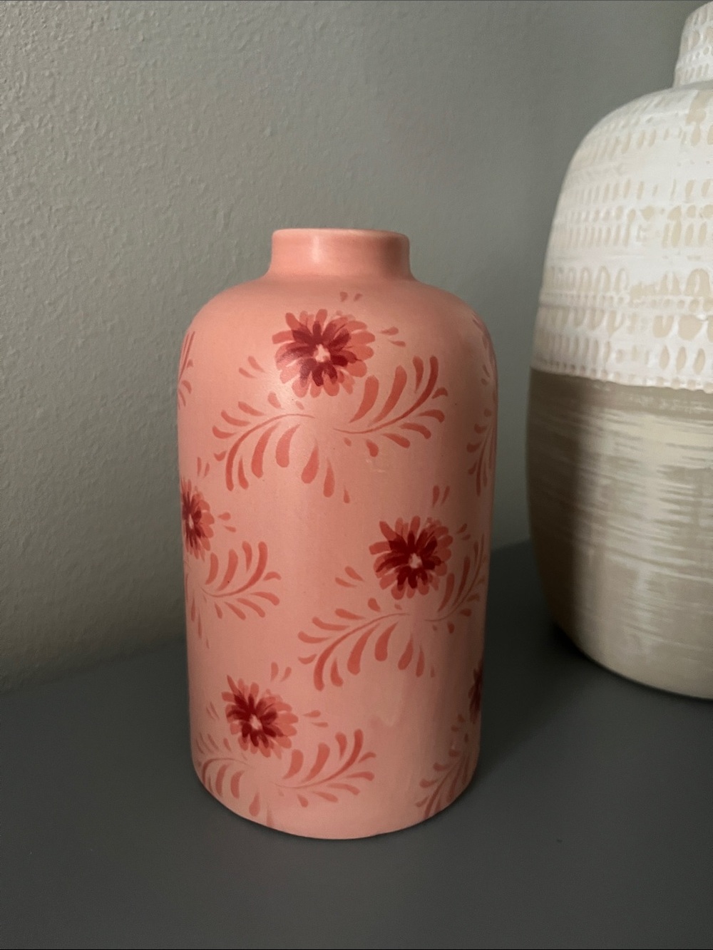 Coral Pink Floral Ceramic Accent Vase 7”